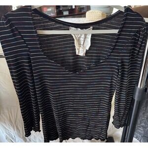 Free People V-neck Black w/ Rainbow Stripes Top Long Sleeve Size M